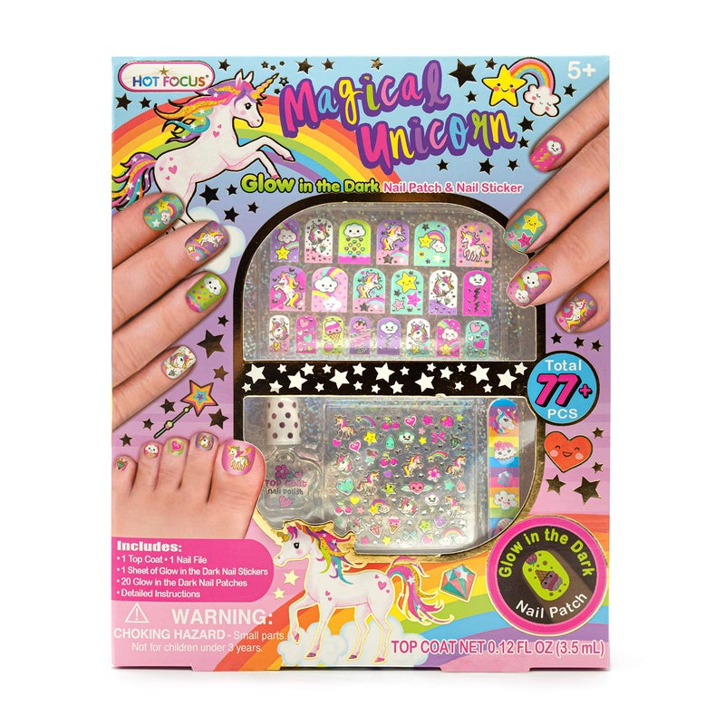 Hot Focus Unicorn Nail Kit â€“ Kids Nail Polish Set for Girls Ages 5 6 7-12 with 77+ Pieces, Spa Kit, Nail Art Decoration Set, Glow-in-the-dark, Stickers, and Water-Based Polish - Girls' Nail Kit. - Image 1